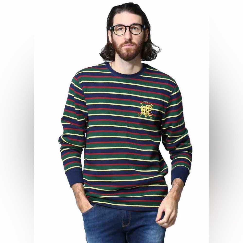 NWT POLO RALPH LAUREN Sleepwear Waffle Knit Crew Neck Logo Embroidered Striped